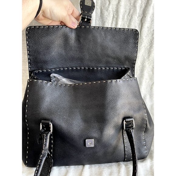 Fendi Selleria Linda Med. Satchel in Black Pebble Grain Leather w/Running Stitch - Picture 5 of 11